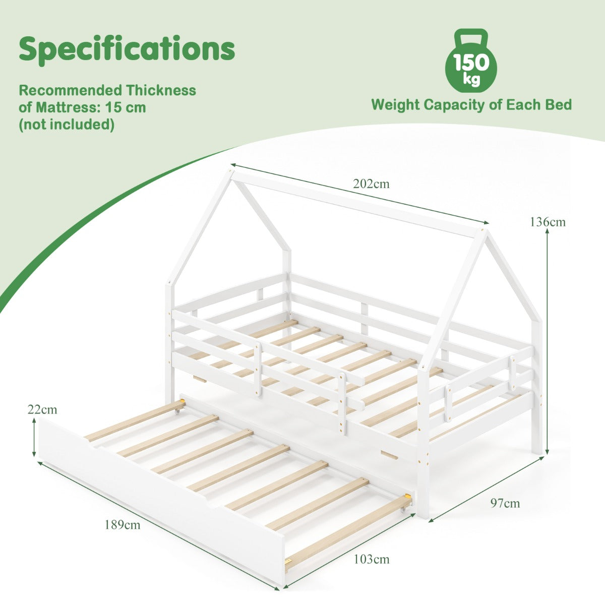 Kids House Bed with Trundle with Full Length Safety Guardrails and Roof-White-Twin size