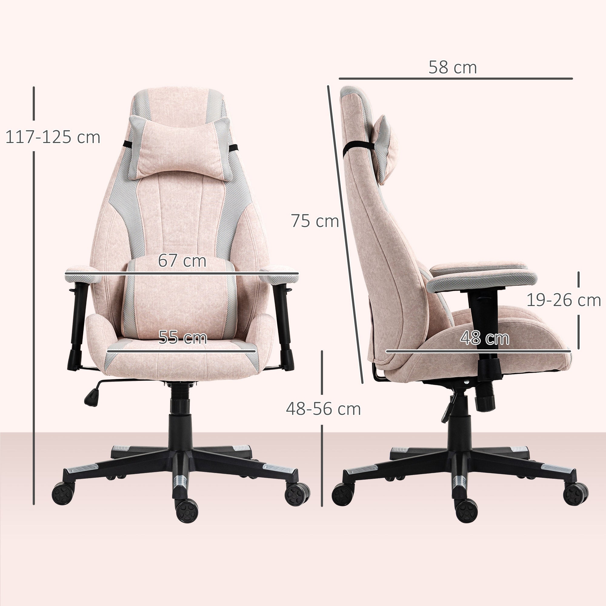 HOMCOM Fabric Gaming Chair with Lumbar Support, Headrest - Pale Pink