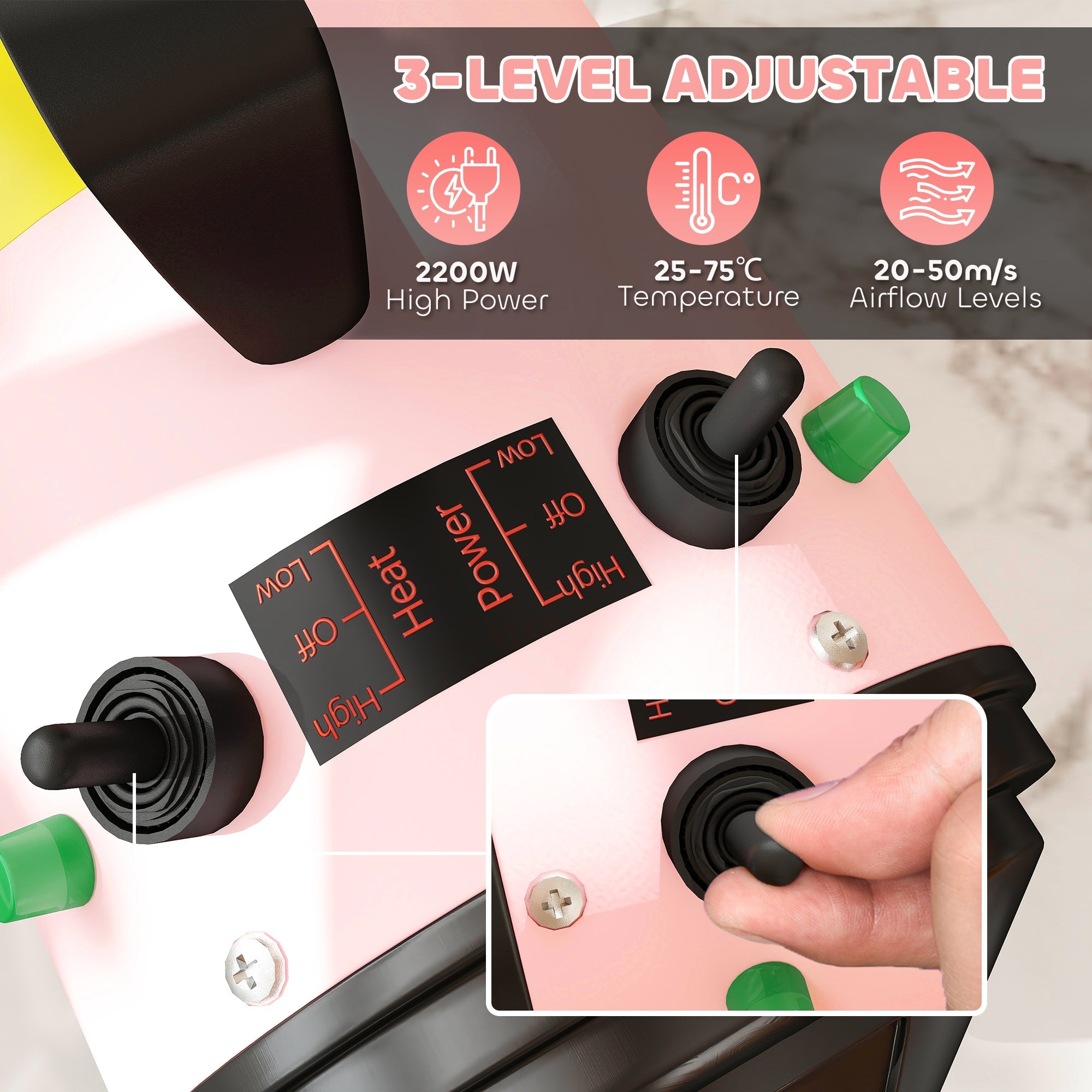 PawHut 2200W Dog Hair Dryer with Adjustable Temperature & Velocity, 3 Different Nozzles, Pink