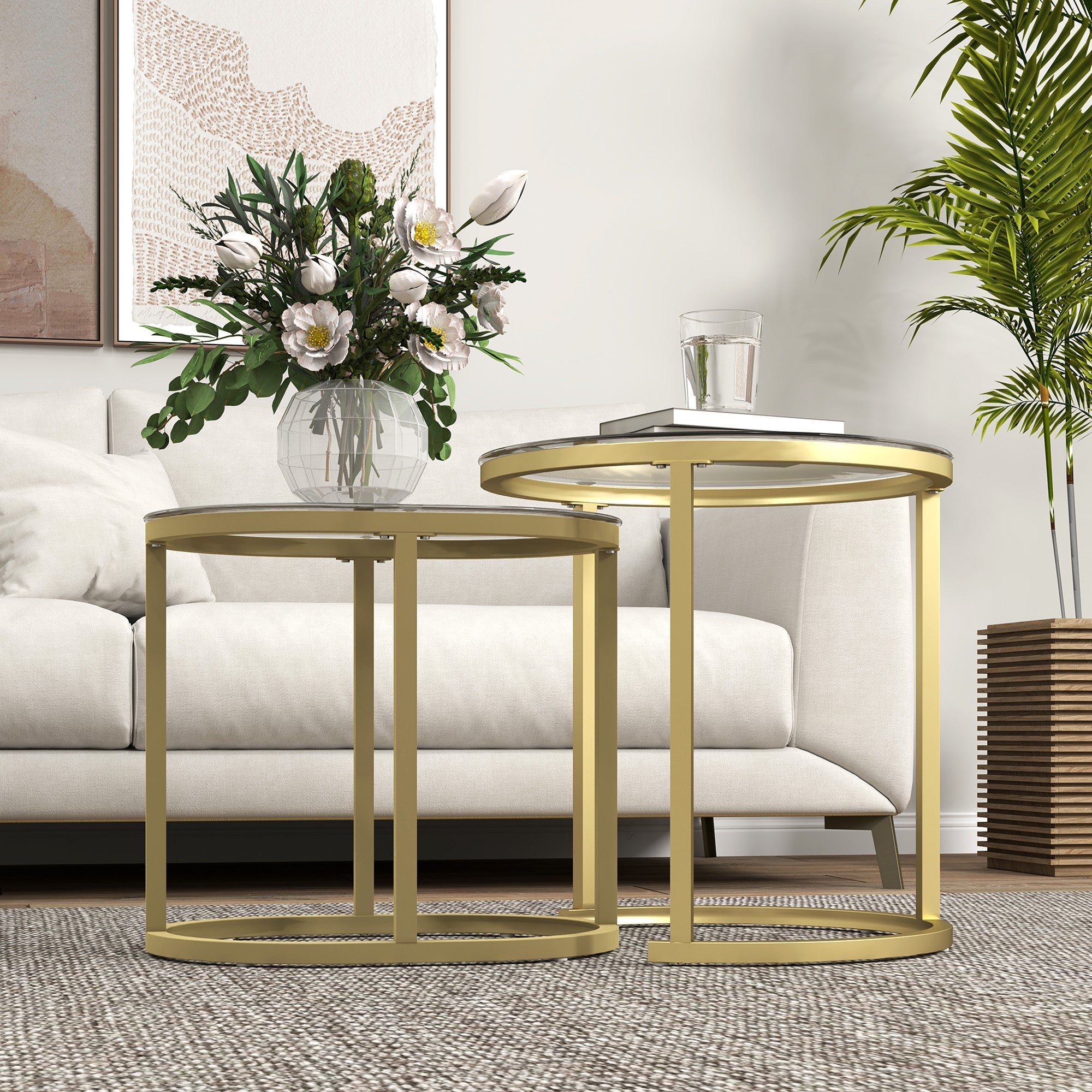 HOMCOM Modern Coffee Table Set of 2, Nest of Tables with Steel Frame and Tempered Glass Tabletop, Side Tables for Living Room Bedroom, Clear