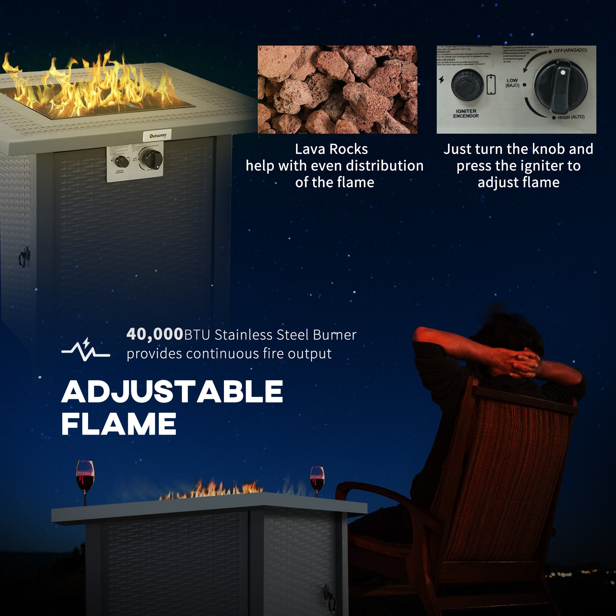 Outsunny 71 x 71cm 40000 BTU Gas Firepit Table - Black/Dark Grey