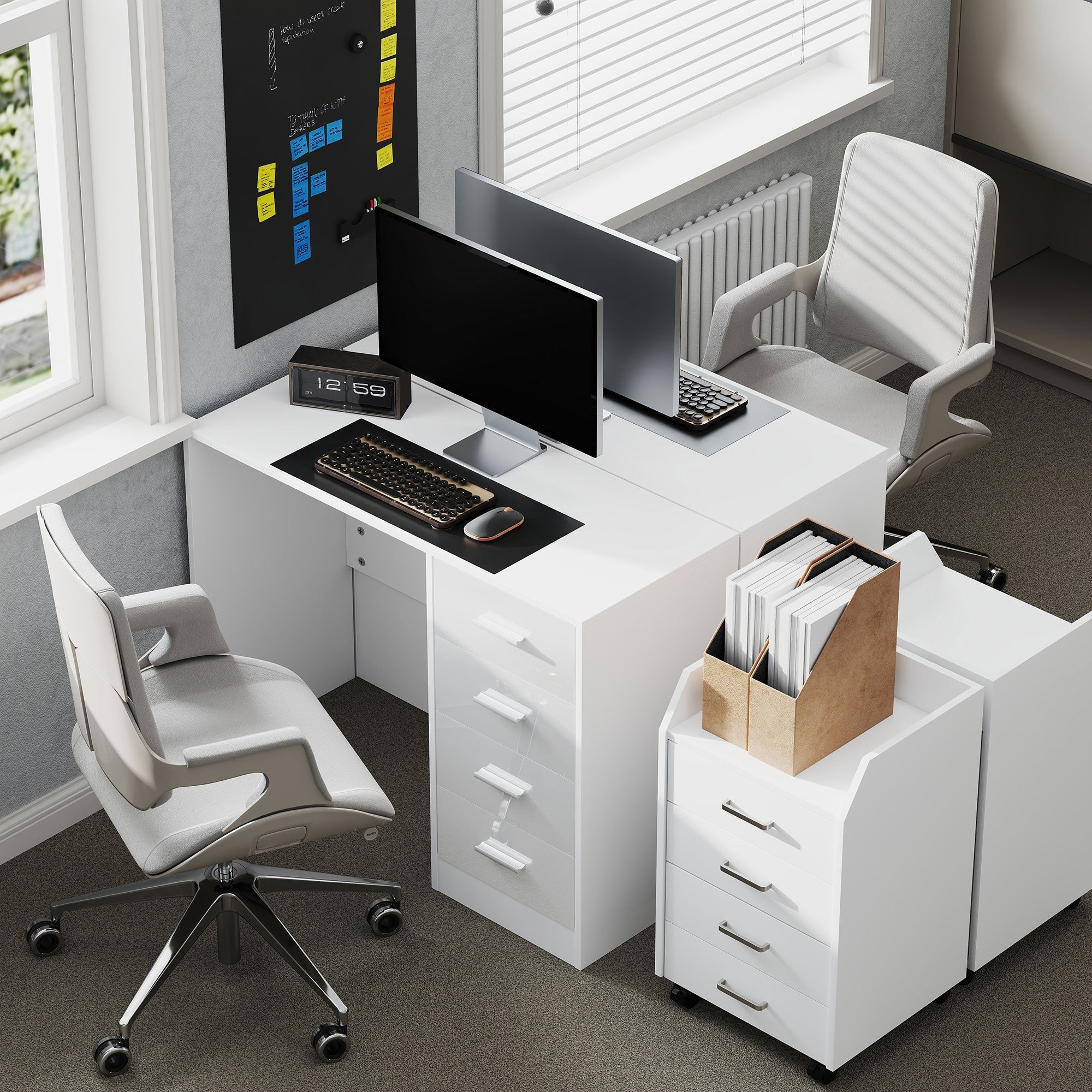HOMCOM Computer Desk with Drawers, Dressing Table, High Gloss Home Office Writing Workstation, White