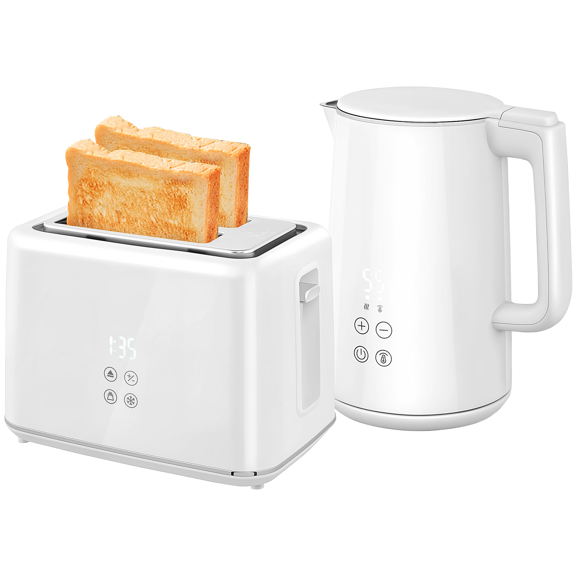 HOMCOM Polished Metal Kettle and Toaster Set - White
