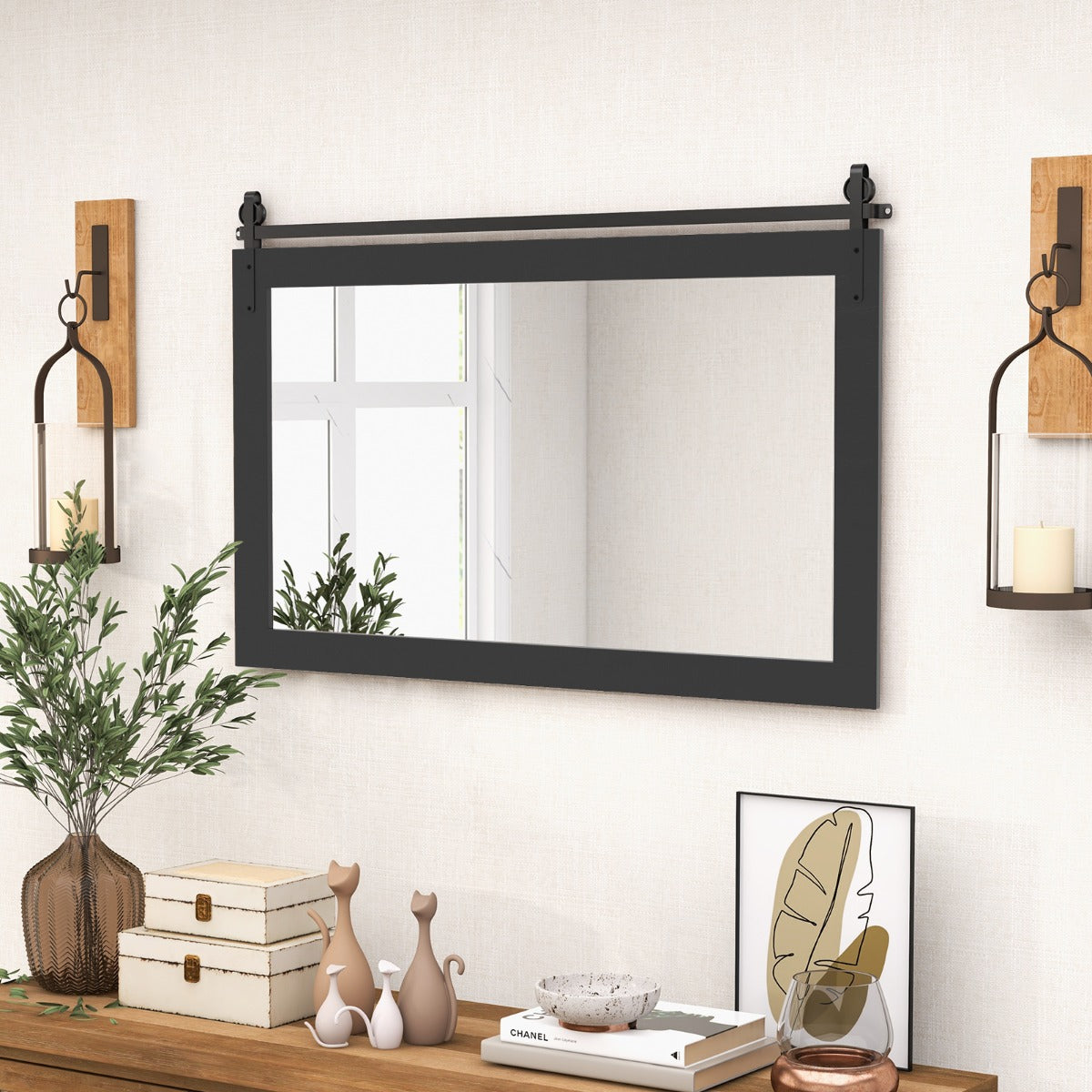 Farmhouse Bathroom Wall Mirro with Fir Wood Frame-Black
