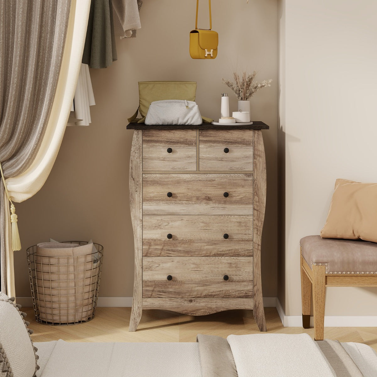 Farmhouse Chest of Drawers with 5 Folding Fabric Drawers and Anti-tipping Kit-Brown