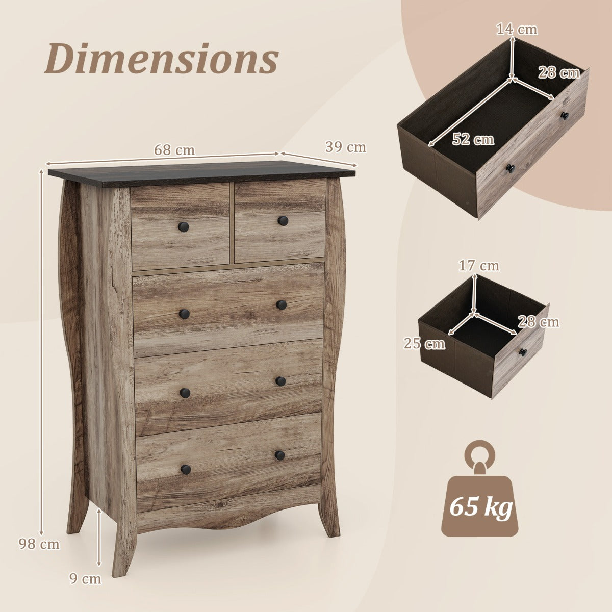 Farmhouse Chest of Drawers with 5 Folding Fabric Drawers and Anti-tipping Kit-Brown