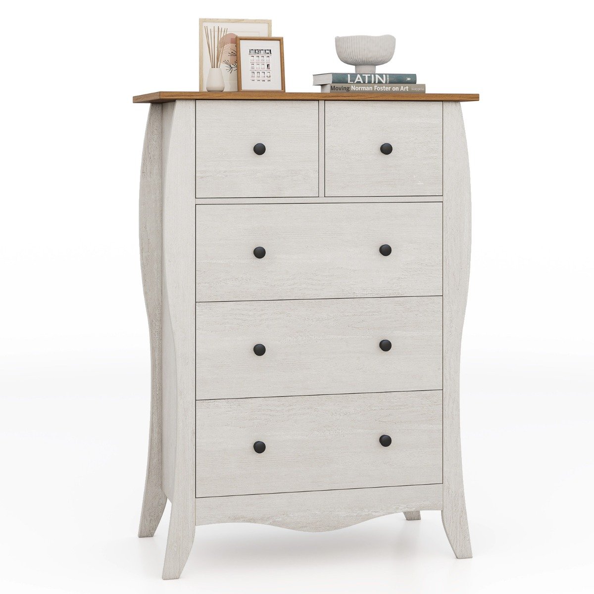 Farmhouse Chest of Drawers with 5 Folding Fabric Drawers and Anti-tipping Kit-Grey
