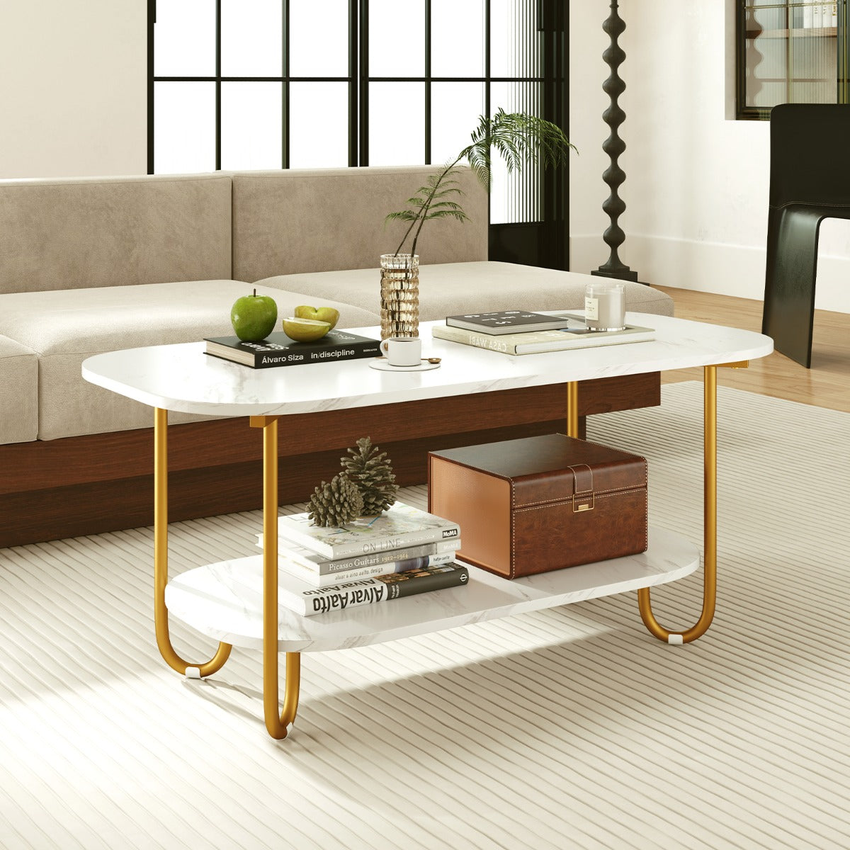 Faux Marble Top Coffee Table with Heavy-duty Metal Frame-White