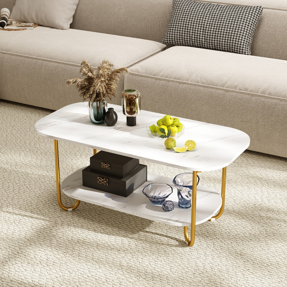 Faux Marble Top Coffee Table with Heavy-duty Metal Frame-White