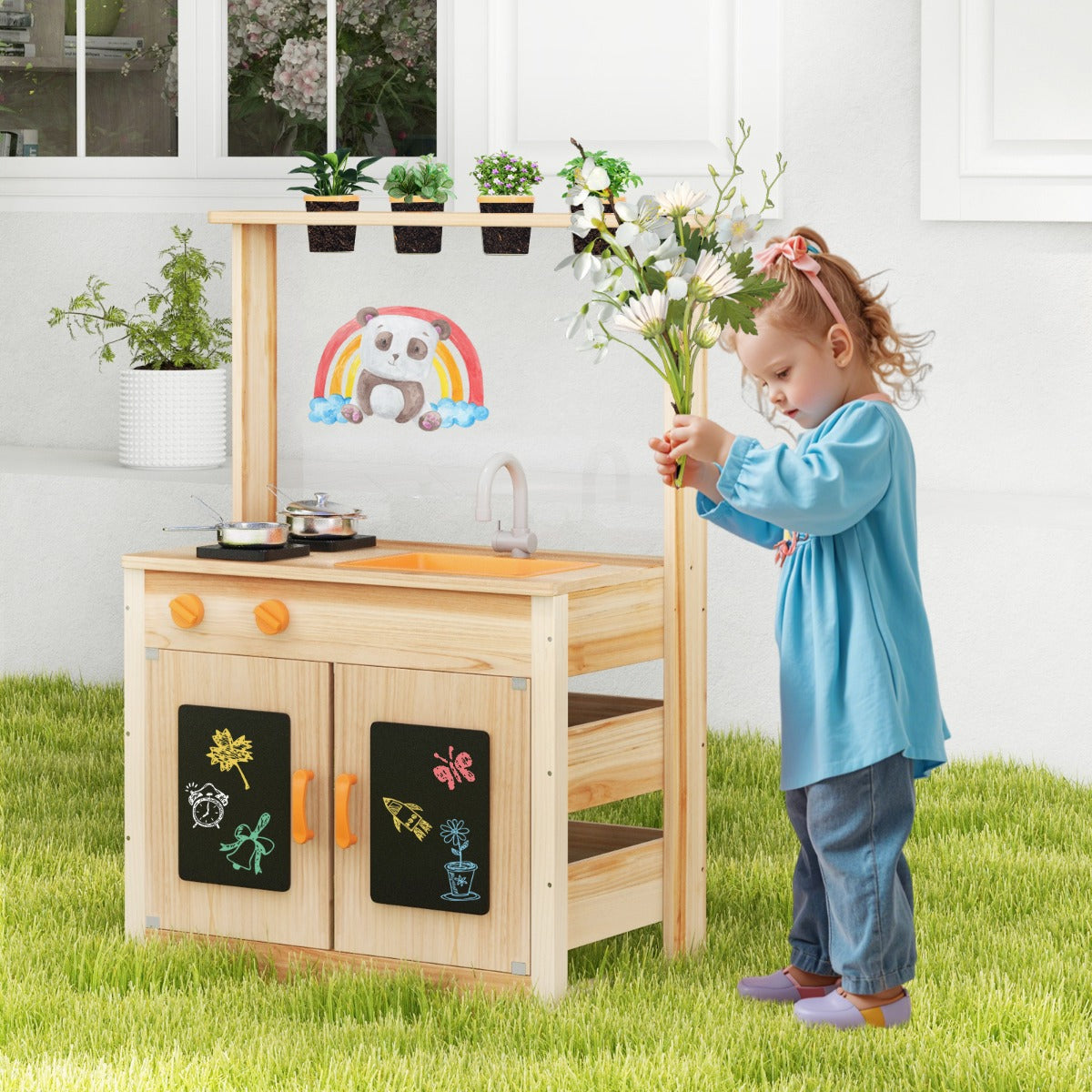 Fir Wood Play Kitchen with Planting Pots and Removable Sink for Backyard Garden-Natural