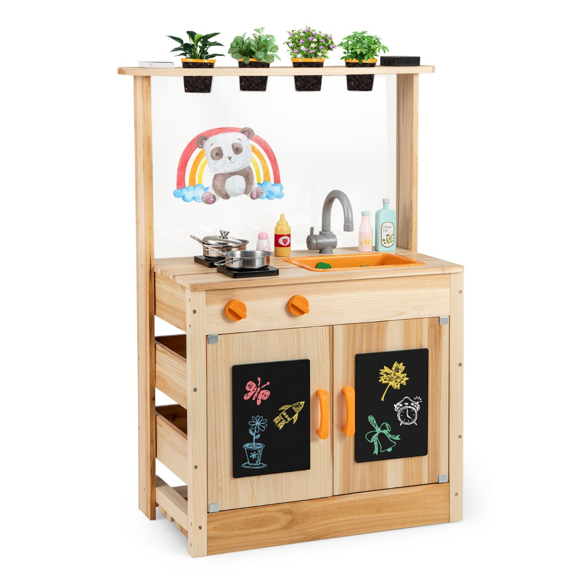 Fir Wood Play Kitchen with Planting Pots and Removable Sink for Backyard Garden-Natural