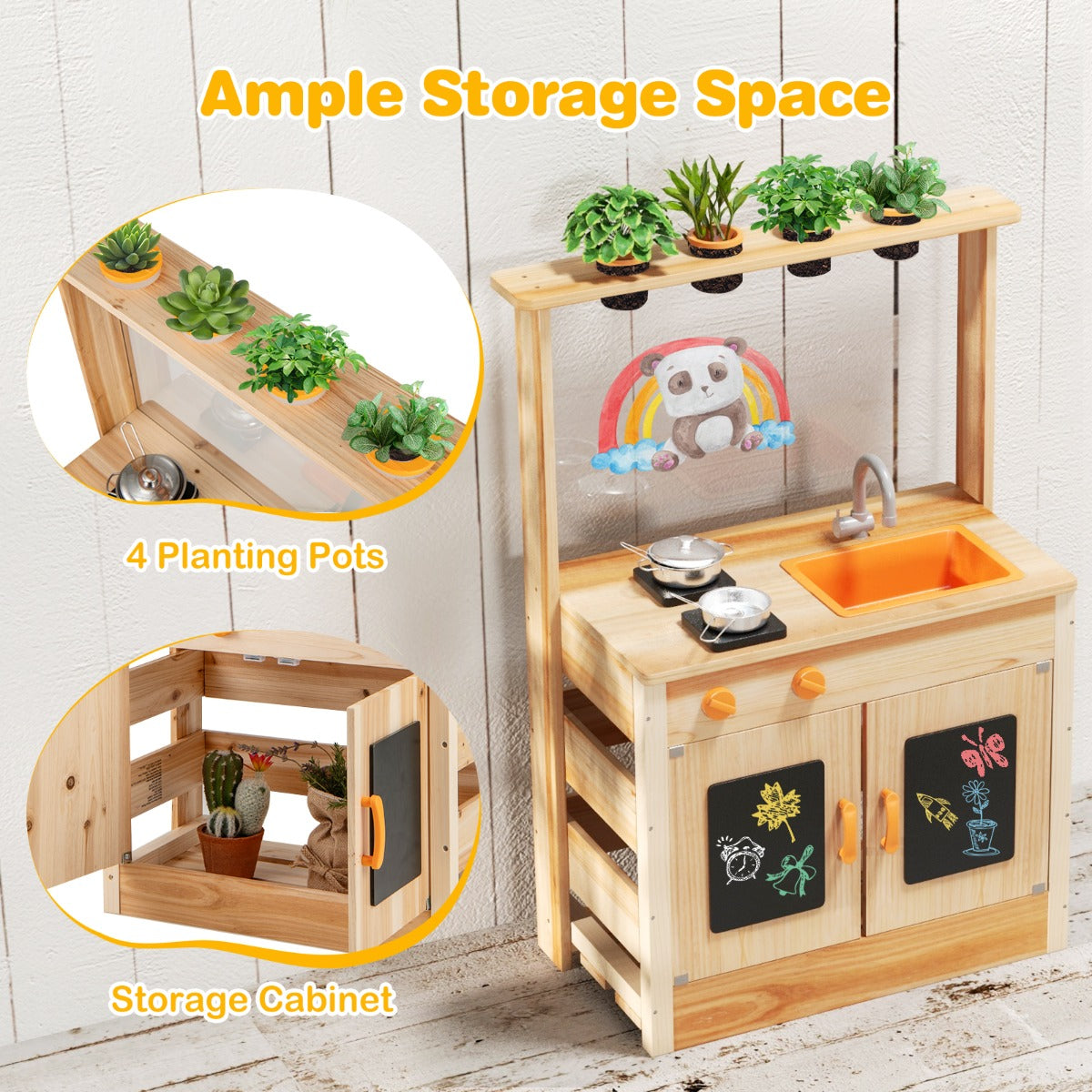 Fir Wood Play Kitchen with Planting Pots and Removable Sink for Backyard Garden-Natural
