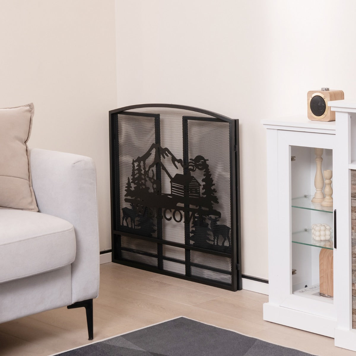 55 x 29.5 Inch Fireplace Screen with Natural Scenery and Moose Pattern