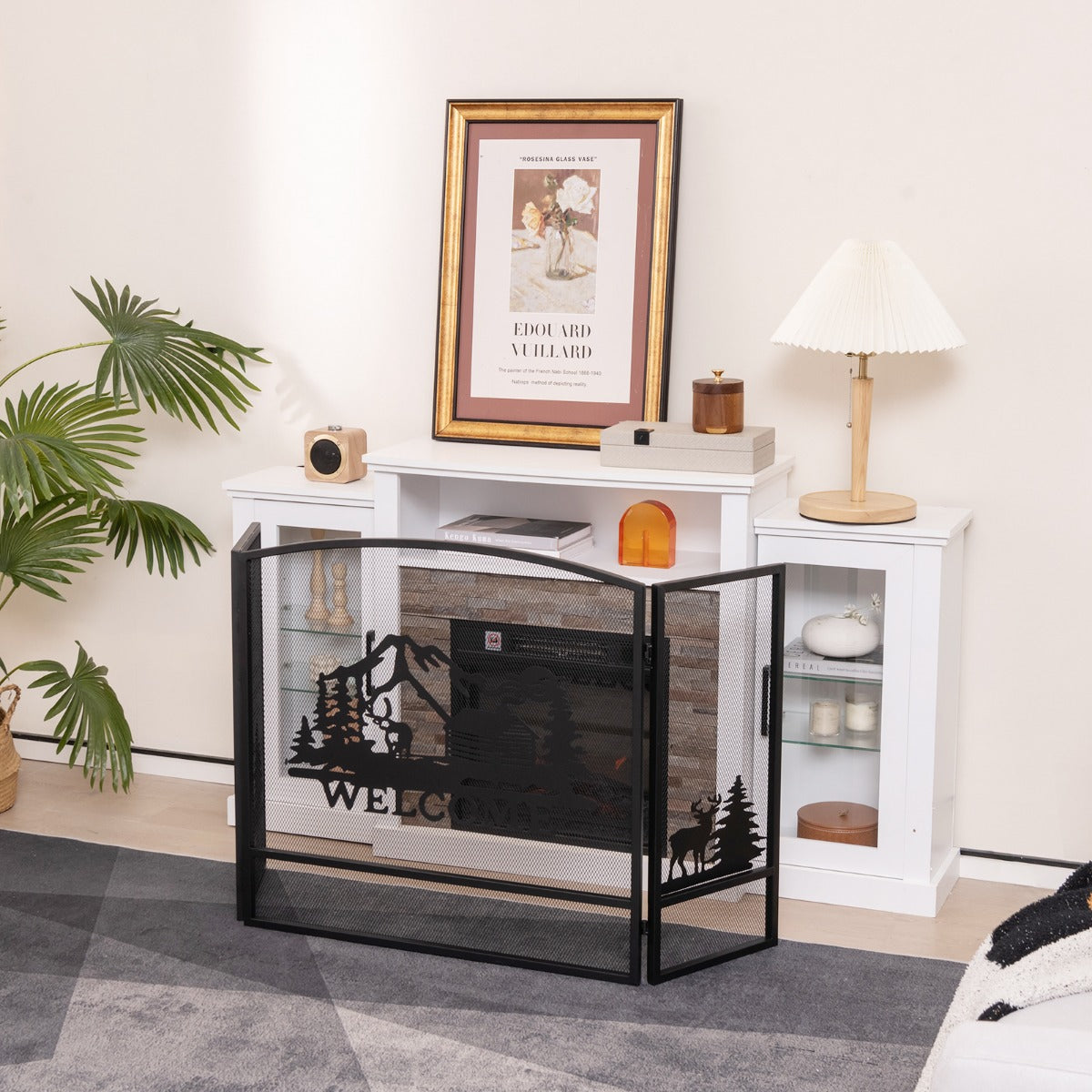 55 x 29.5 Inch Fireplace Screen with Natural Scenery and Moose Pattern