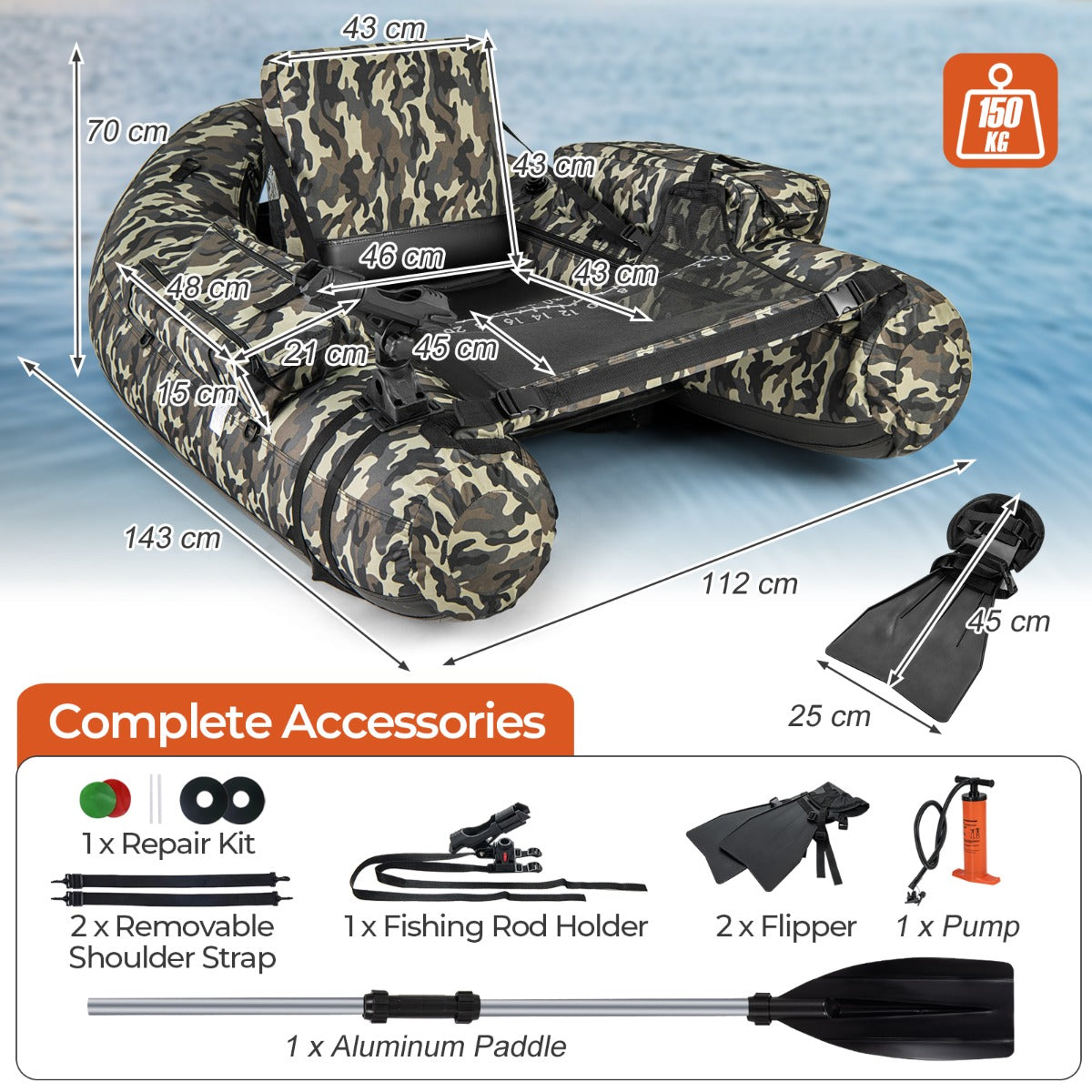 V-Shaped Fishing Float Tube with Adjustable Backpack Straps-Camouflage