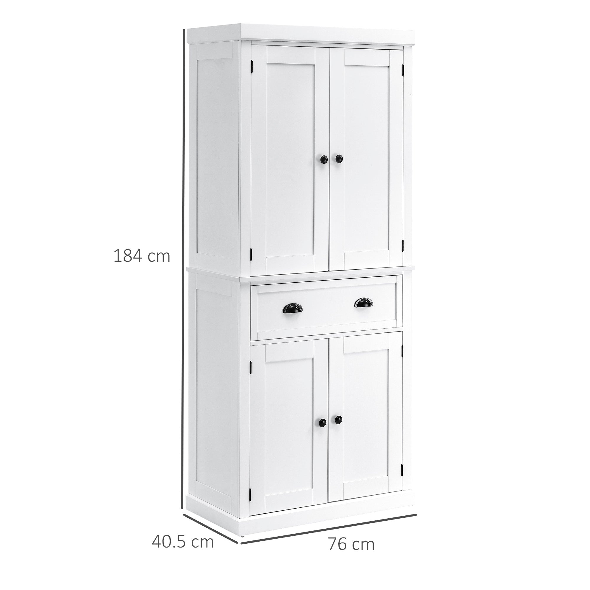HOMCOM Freestanding Kitchen Cupboard, 184cm Tall Storage Cabinet with Doors and Shelves, Traditional Colonial 4-Door Kitchen Pantry Cupboard with Drawer, White