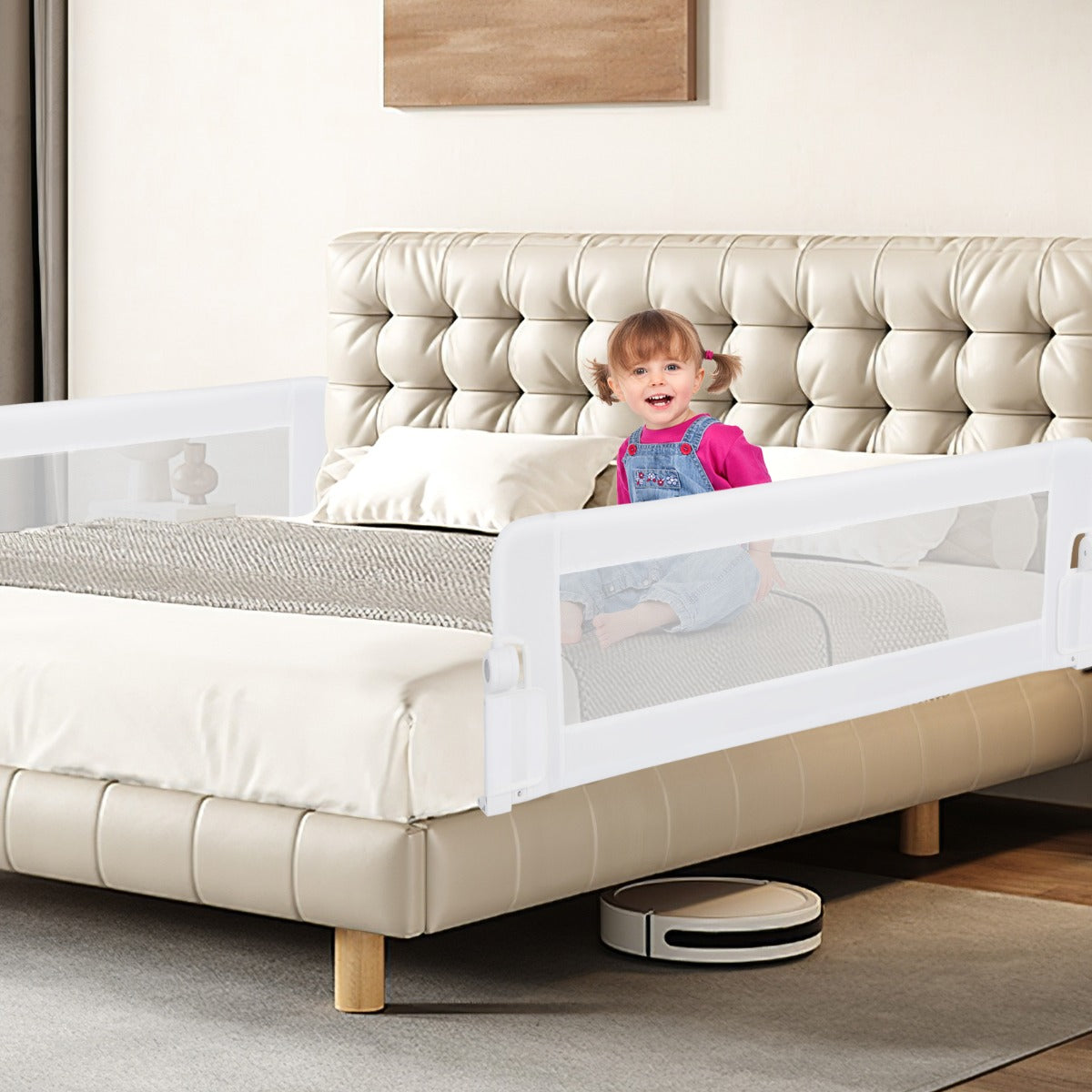 Foldable Bed Rail with Adjustable Safety Strap for Toddlers-White