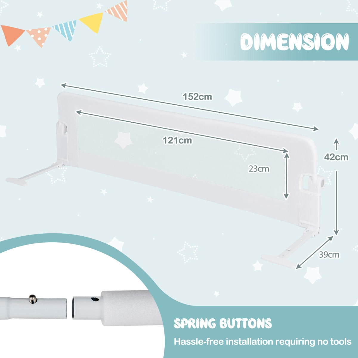 Foldable Bed Rail with Adjustable Safety Strap for Toddlers-White