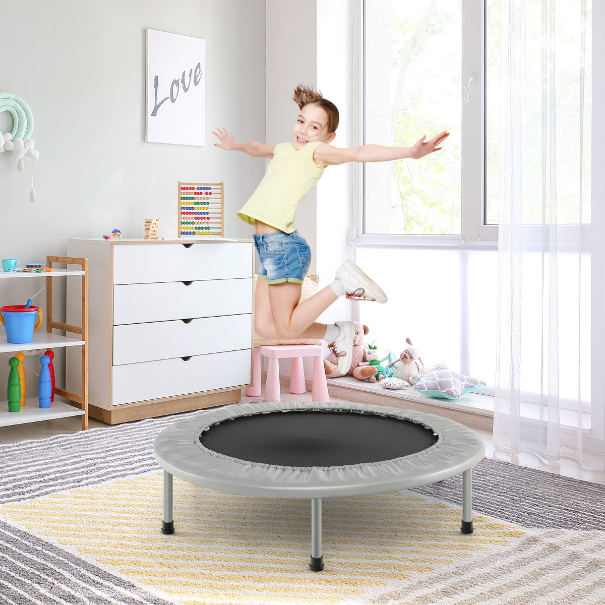Foldable Mini Trampoline with Springs and Padded Cover-Grey