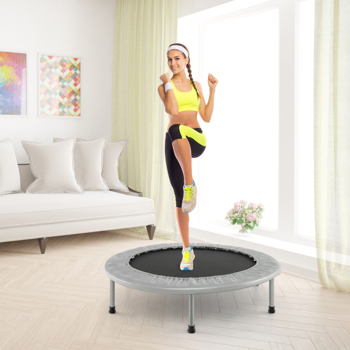 Foldable Mini Trampoline with Springs and Padded Cover-Grey