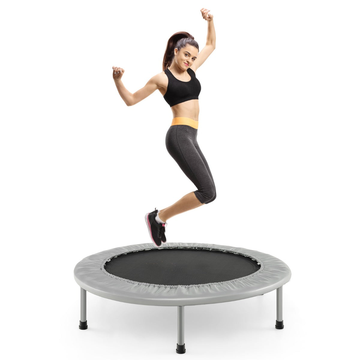 Foldable Mini Trampoline with Springs and Padded Cover-Grey