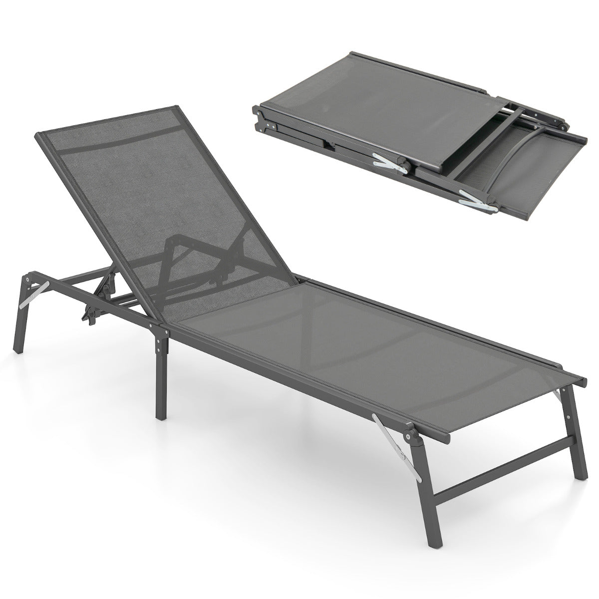Foldable Patio Lounge Chair with 5-Position Adjustable Backrest-Grey