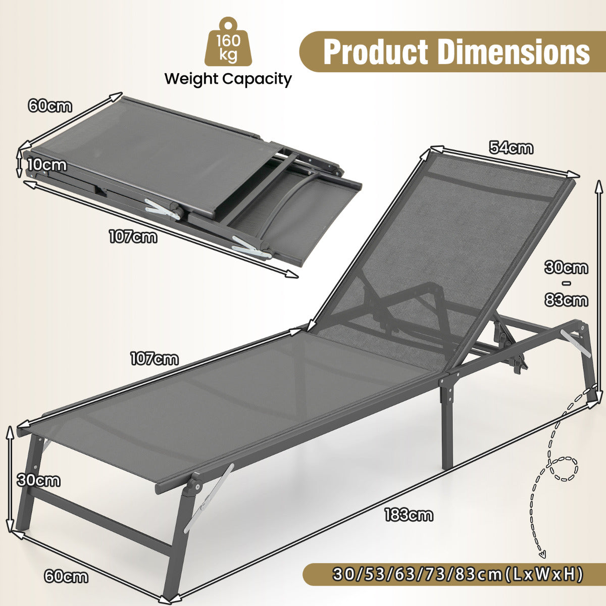 Foldable Patio Lounge Chair with 5-Position Adjustable Backrest-Grey