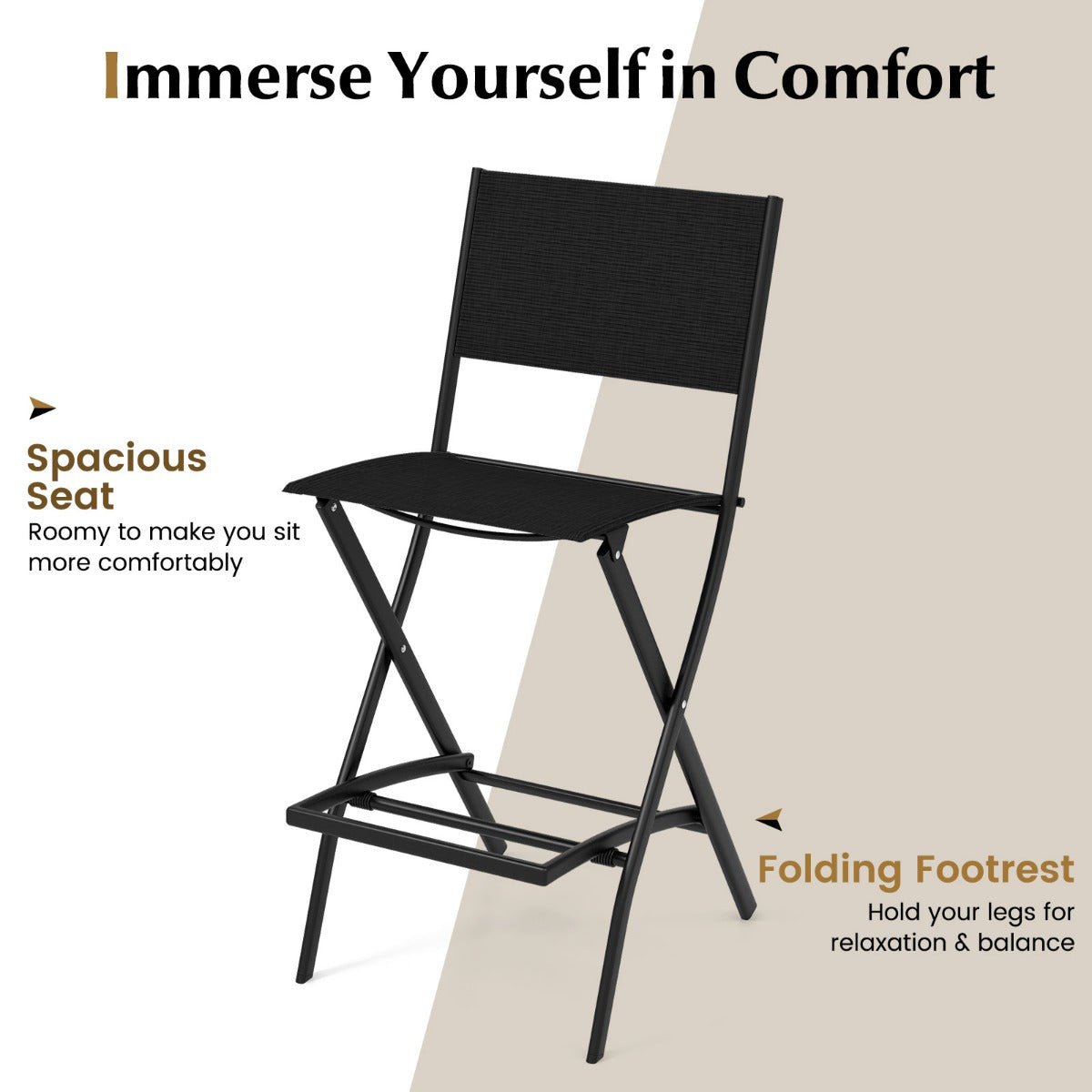 Folding Outdoor Bar Chair Set of 4 with Metal Frame and Footrest-Black