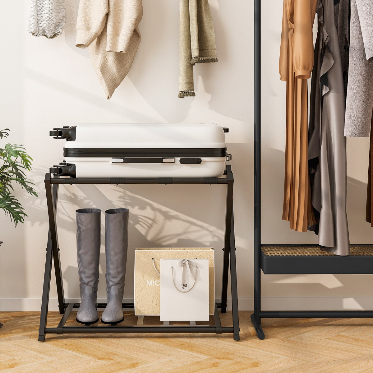 Folding Suitcase Stand with Storage Shelf for Guest Room Bedroom-Black