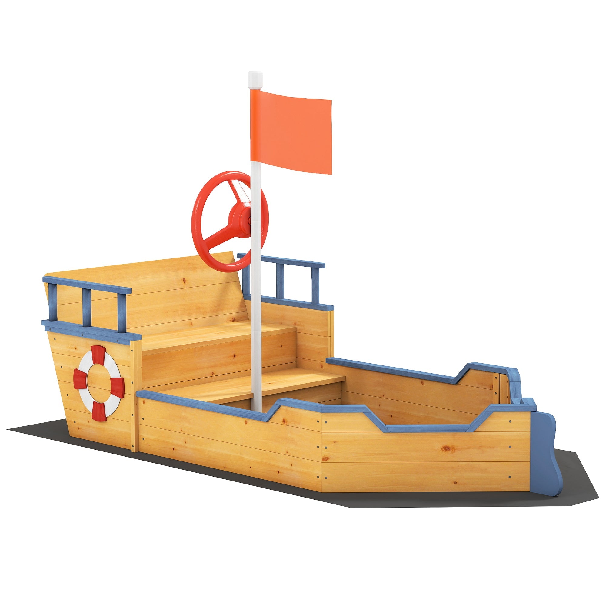 Outsunny Sand pit Kids Children Sandpit Wooden Pirate Ship Sandboat Outdoor Backyard Playset w/Bench Bottom Liner