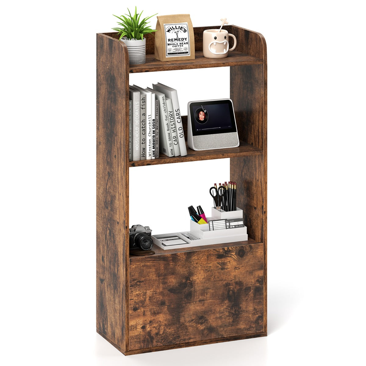 Freestanding Bookshelf with 3-Tier Open Shelf and Drawer-Rustic Brown