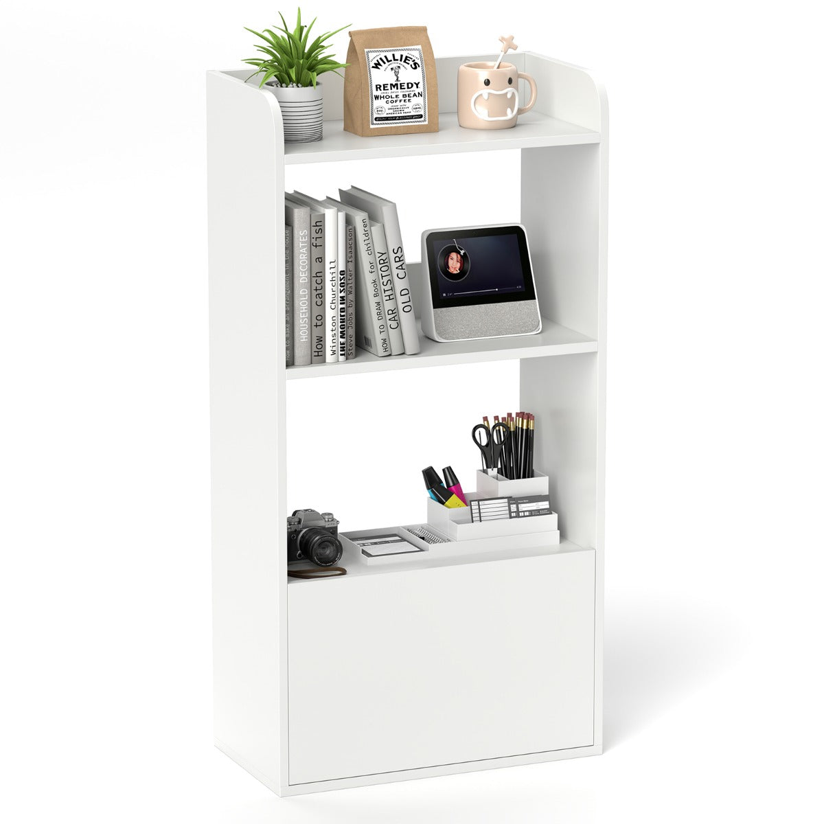 Freestanding Bookshelf with 3-Tier Open Shelf and Drawer-White