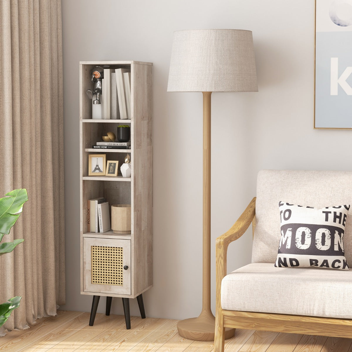 Freestanding Slim Cabinet with Rattan Door and Solid Wood Legs-Grey