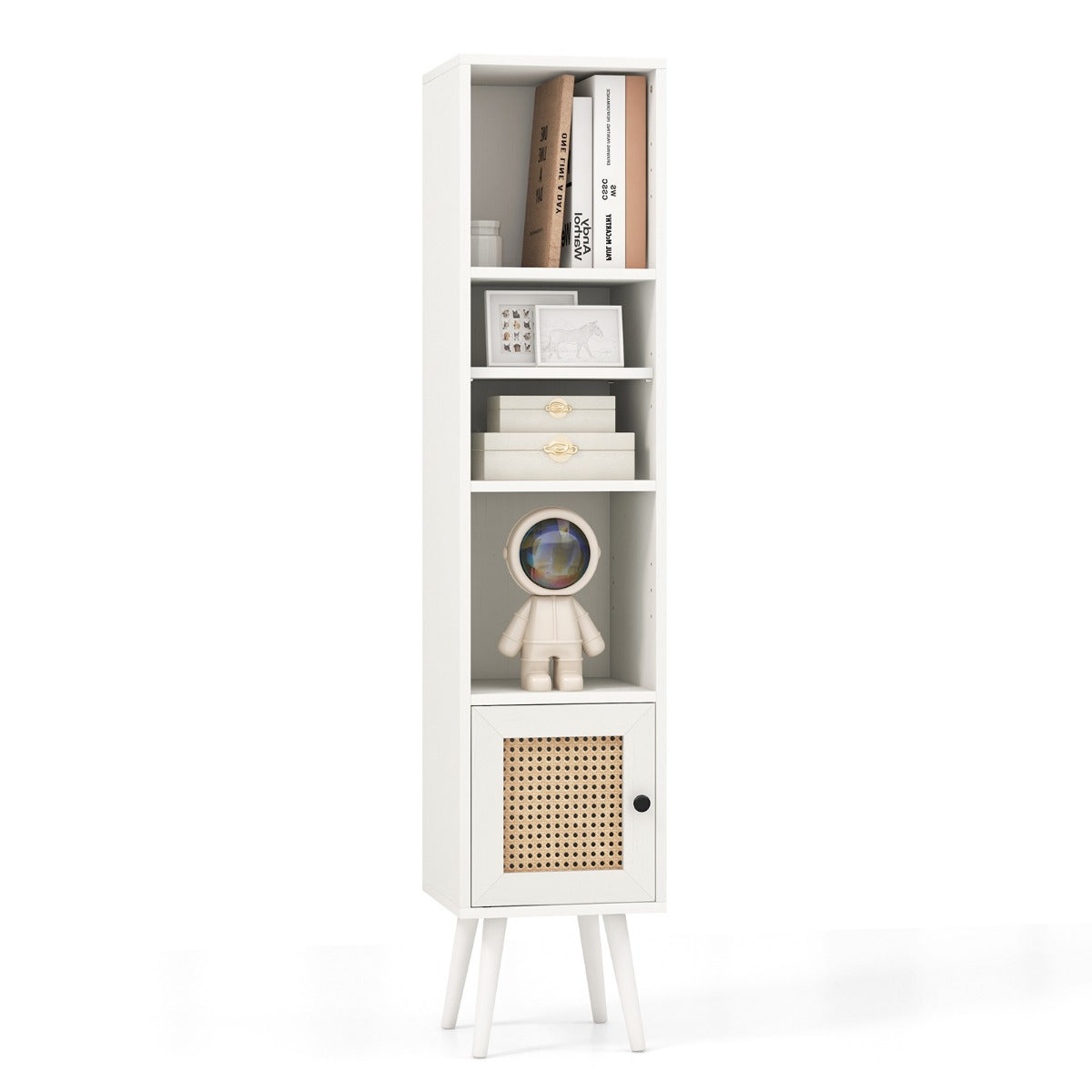 Freestanding Slim Cabinet with Rattan Door and Solid Wood Legs-White