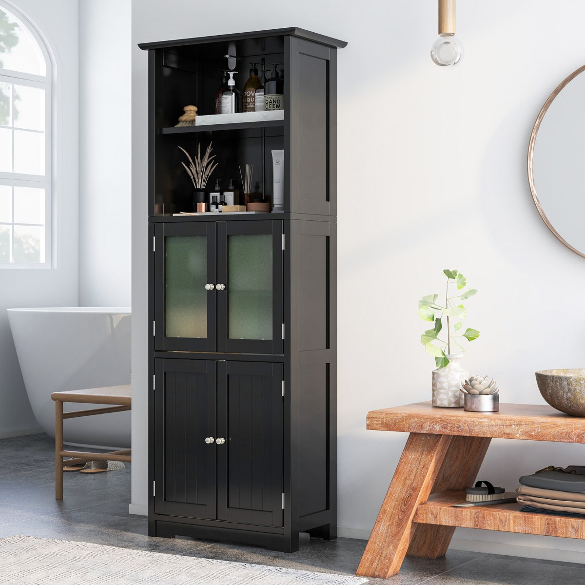Freestanding Storage Cabinet with Tempered Glass Door and Open Shelves-Black