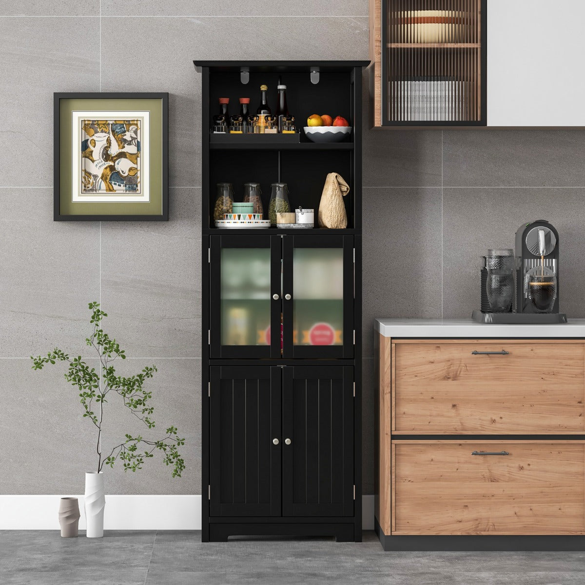 Freestanding Storage Cabinet with Tempered Glass Door and Open Shelves-Black