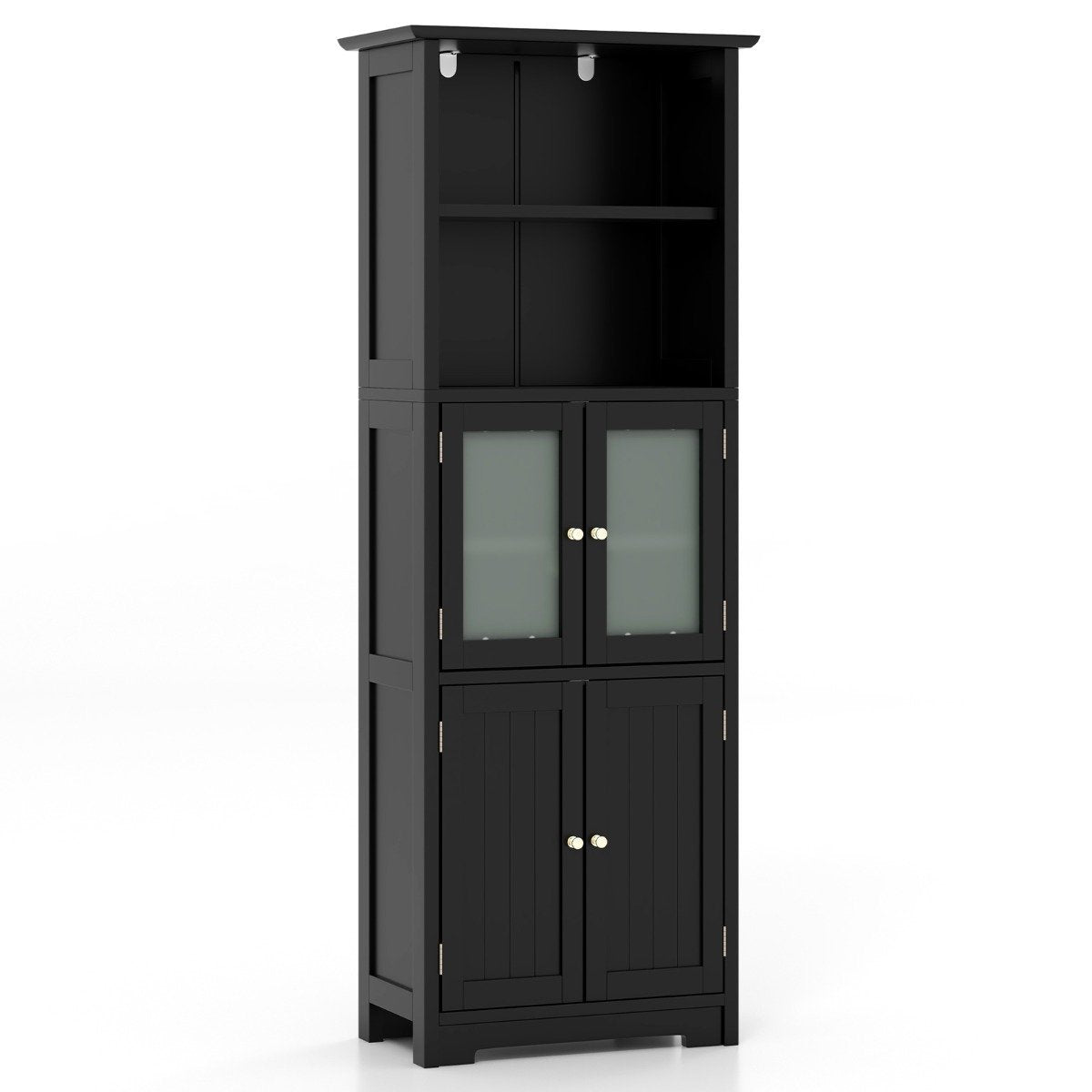 Freestanding Storage Cabinet with Tempered Glass Door and Open Shelves-Black