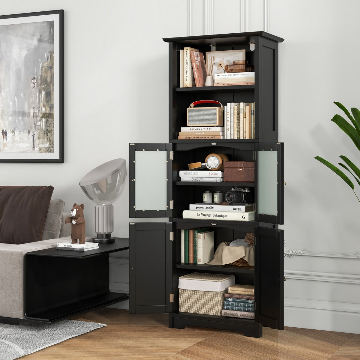 Freestanding Storage Cabinet with Tempered Glass Door and Open Shelves-Black