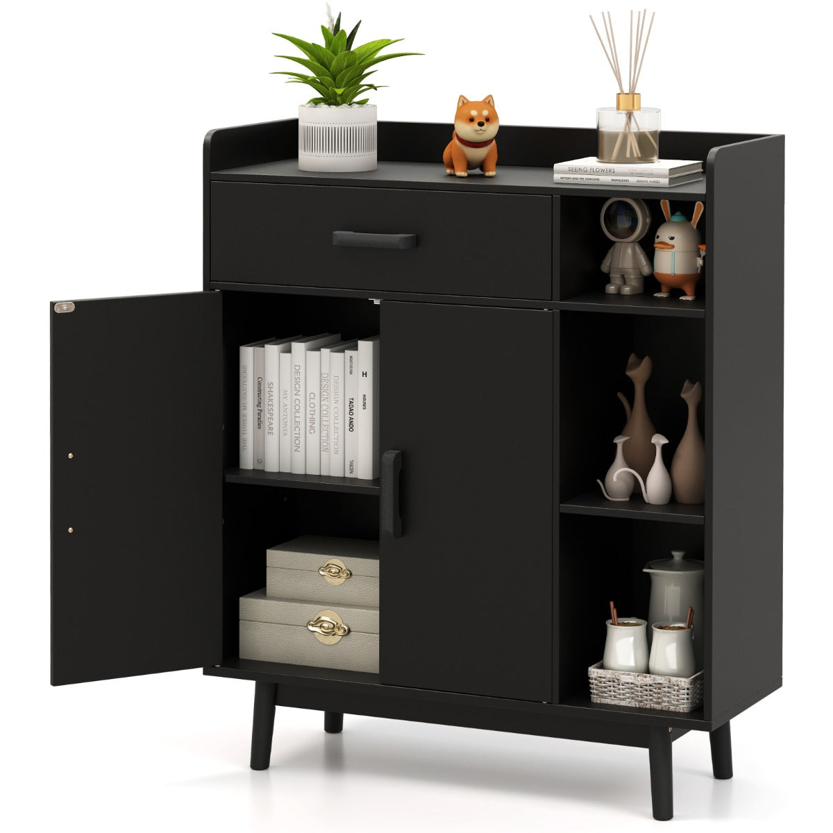 Freestanding Wooden Bookcase with Drawer and Adjustable Shelves-Black