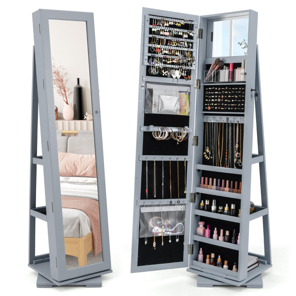 Full Length Mirrored Jewellery Cabinet Rotates 360¬∞ with Open Display Shelves-Grey