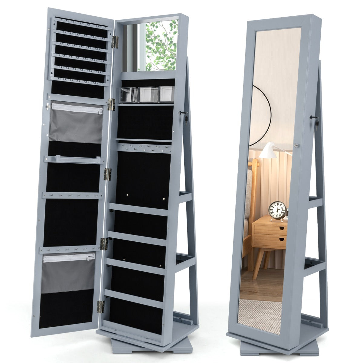Full Length Mirrored Jewellery Cabinet Rotates 360¬∞ with Open Display Shelves-Grey