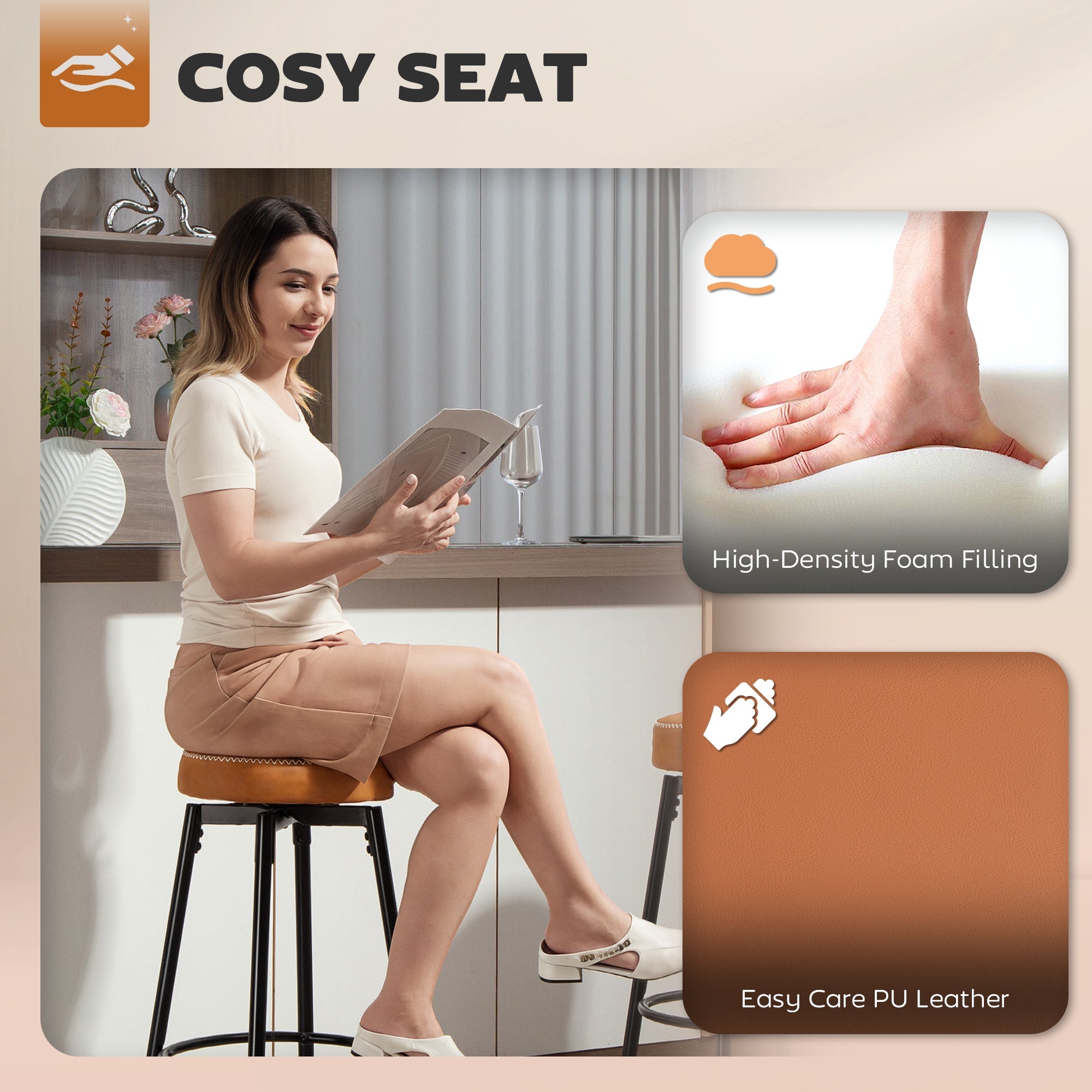 HOMCOM Set of Two Faux Leather Bar Stools - Brown/Black