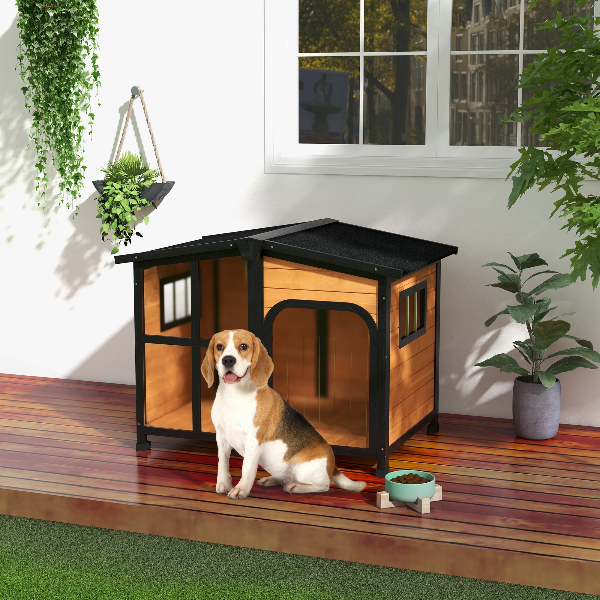 PawHut Wooden Dog Kennel with Removable Floor, Asphalt and Openable Roof, Large Window, for Large Dogs, Yellow