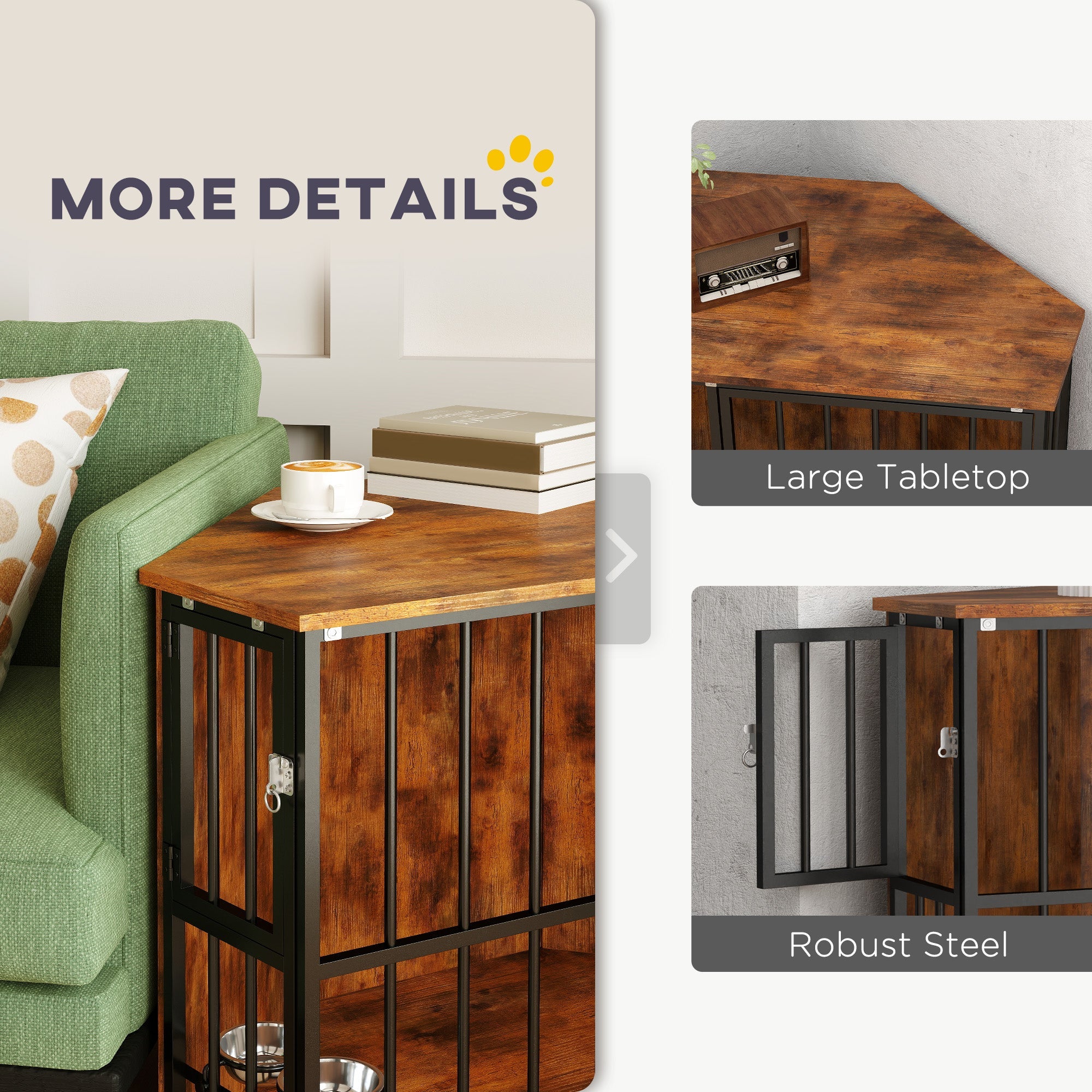 PawHut Corner Dog Crate Furniture with Two Bowls, Lockable Doors, for Small, Medium Dogs, Rustic Brown