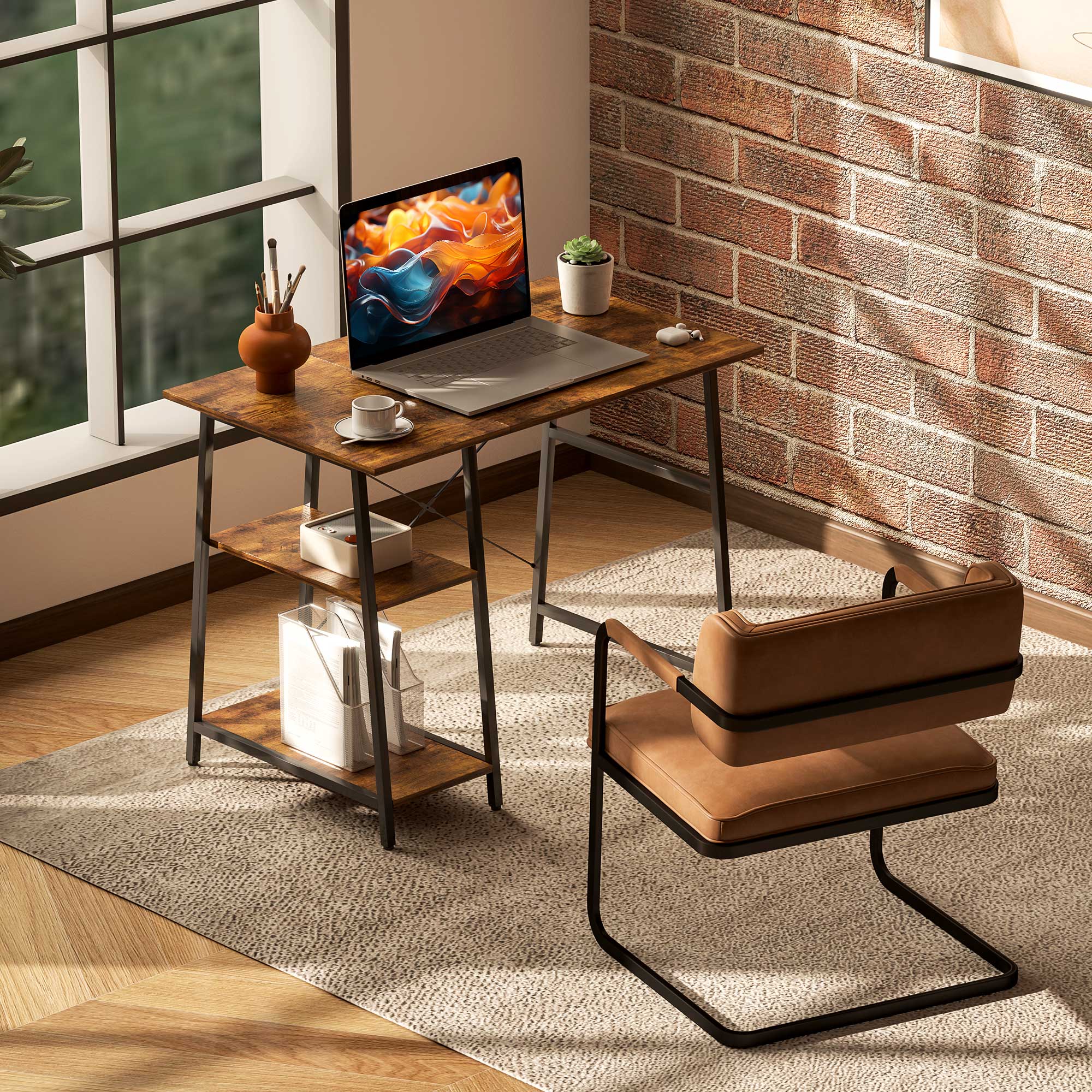 HOMCOM Industrial-Style Work Desk, with Shelves - Brown/Black