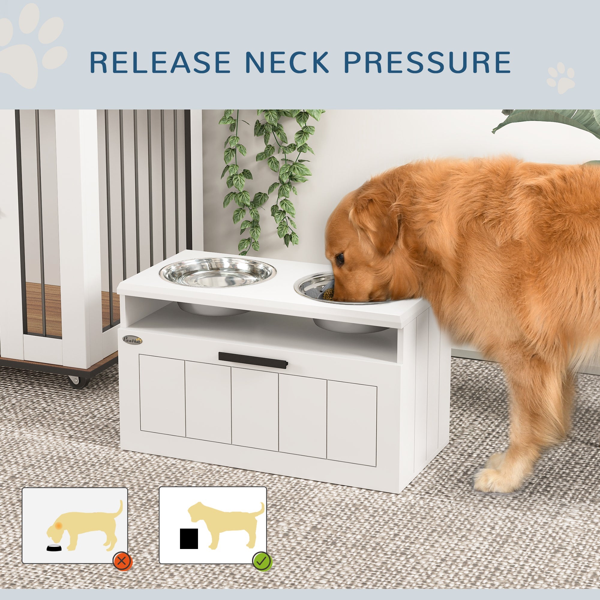 PawHut Raised Dog Bowl with Slow Feeder, Two Stainless Steel Dog Bowls, Drawer, for Large and Extra Large Dogs, White