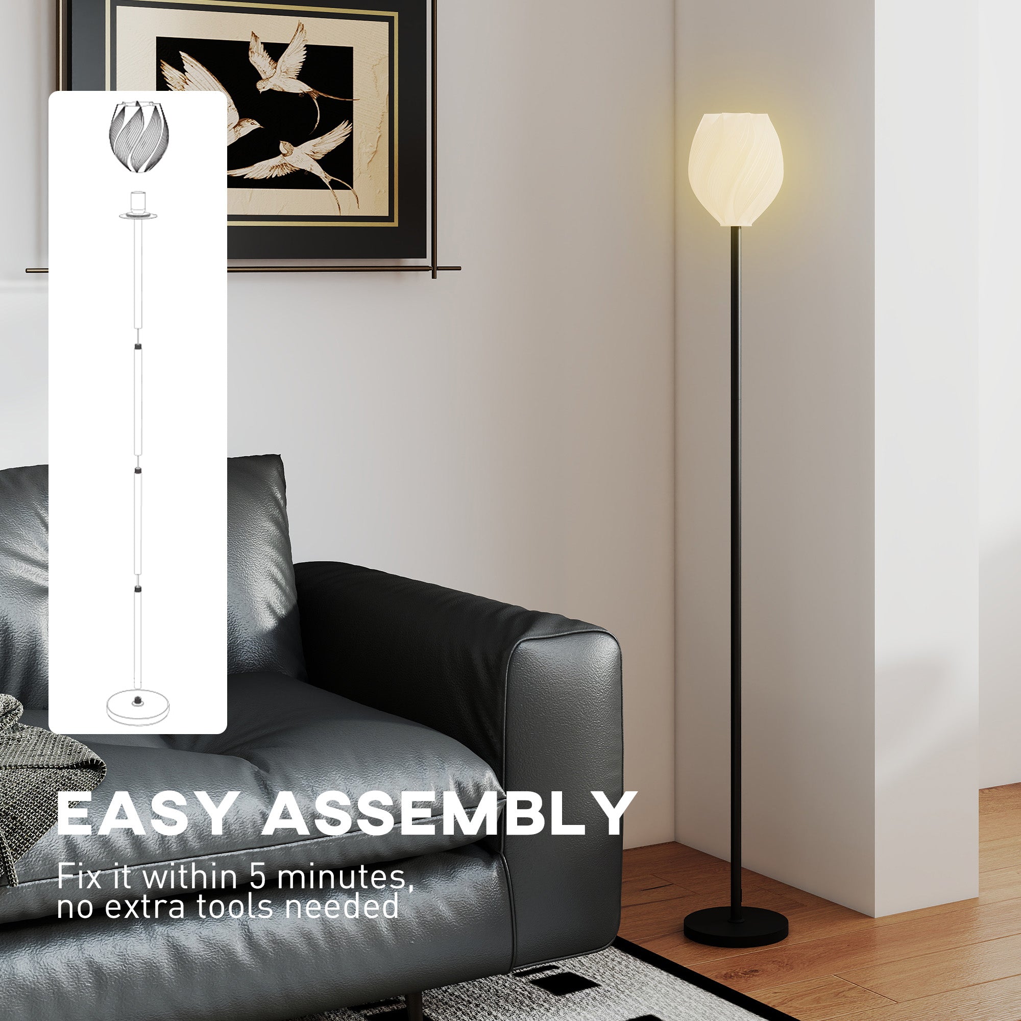 HOMCOM Flower Floor Lamp for Living Room, 3D Printed Modern Standing Lamp with Rose Shade & Foot Switch, Minimalist Tall Pole Lampshade for Bedroom, Office, E27 Holder without Bulb (25W Max), White