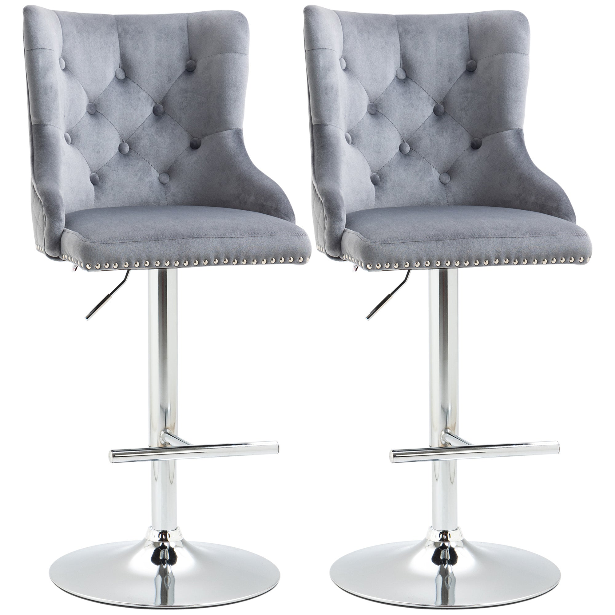 HOMCOM Bar Stools Set of 2, Modern Swivel & Adjustable Velvet Barstools with Button Tufted Back, Footrest, Nailhead Trim for Home Bar, Grey