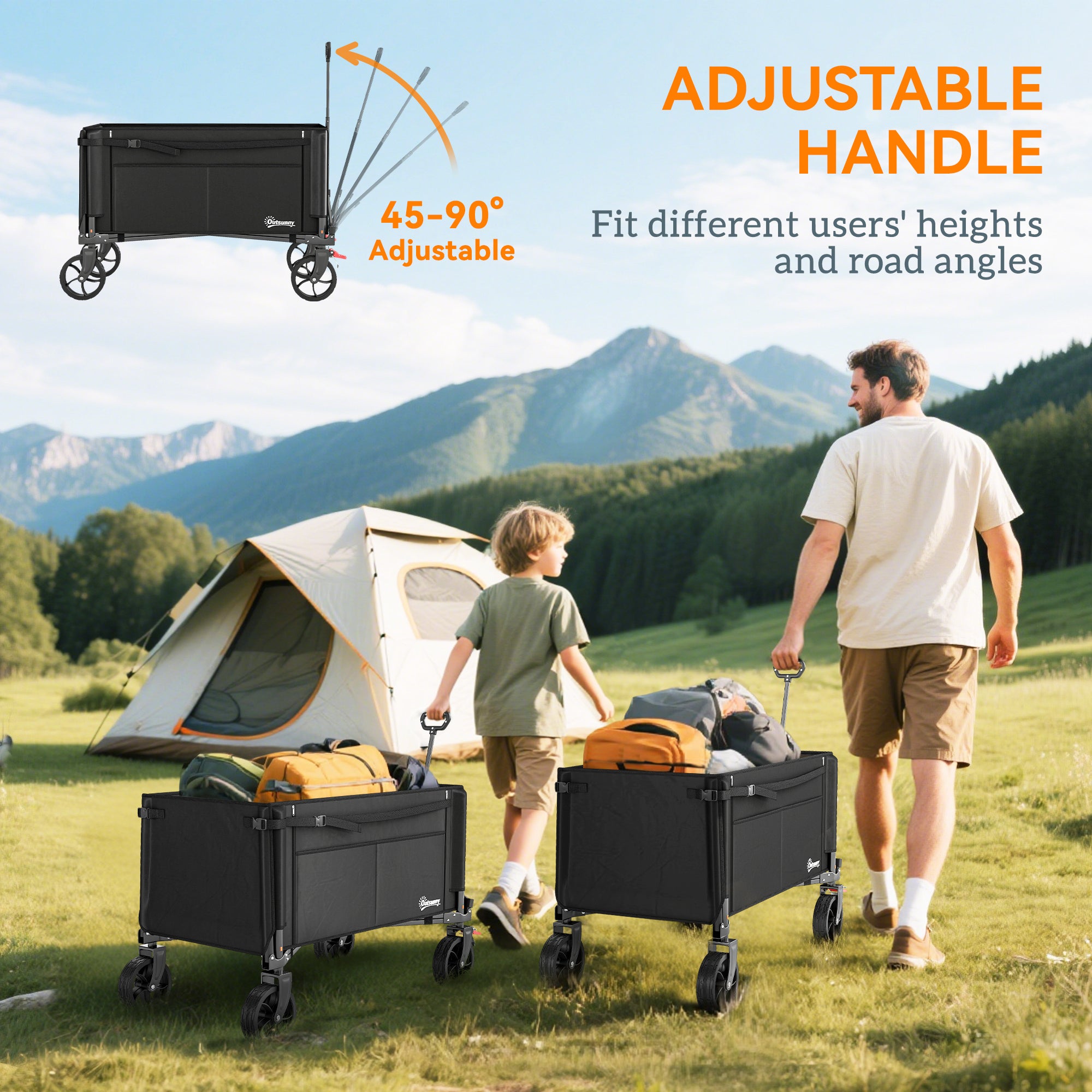 Outsunny Festival Trolley on Wheels, 150L Folding Camping Trolley Cart with Openable Sides, Adjustable Handle and Brakes for Shopping Beach Garden Fishing, Black