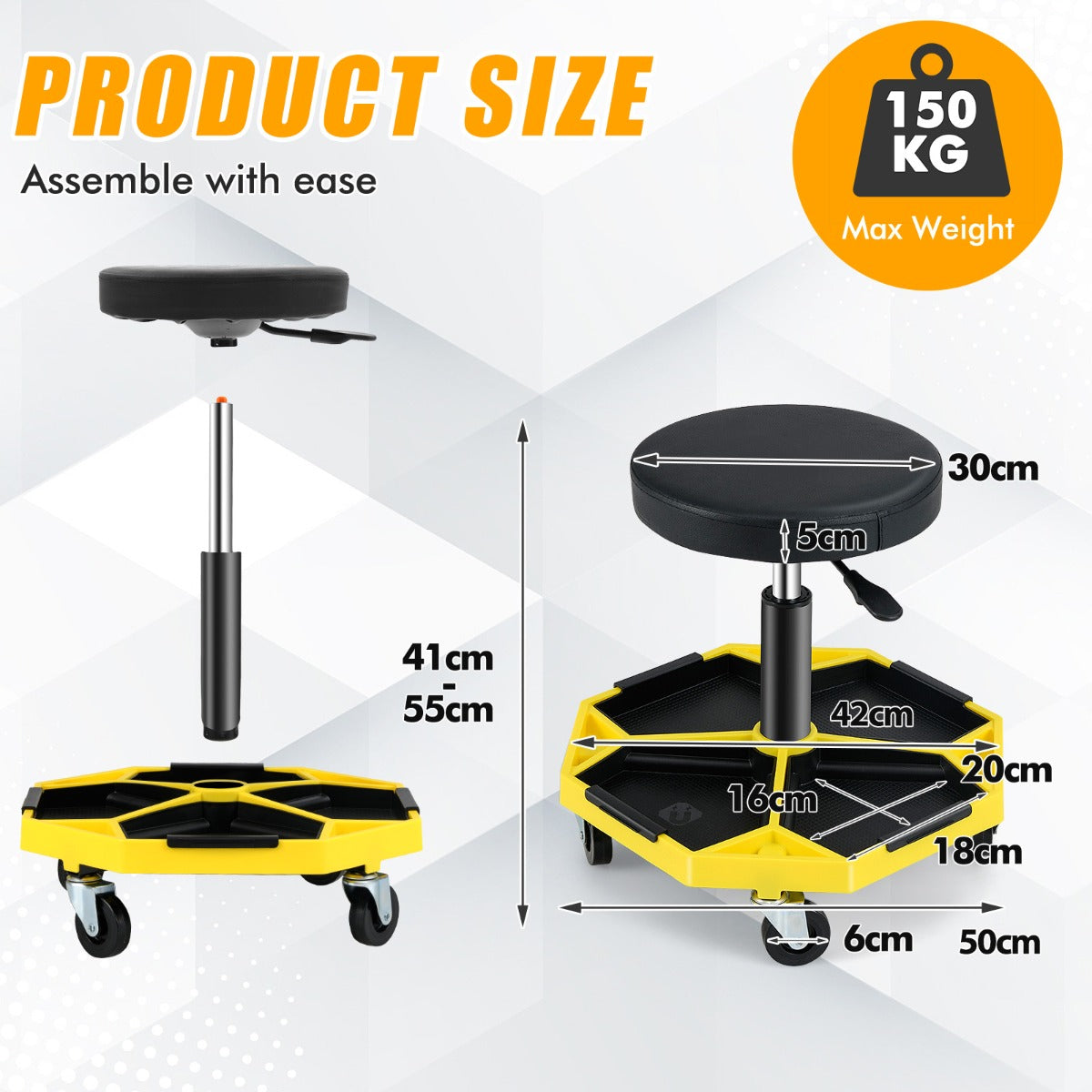 Garage Workshop Creeper Seat with Padded Seat and Tool Tray-Yellow